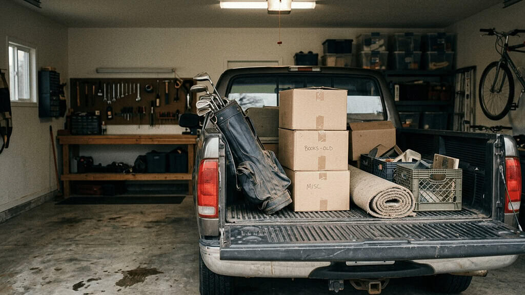 Back of a pickup truck in a garage loaded with labeled moving boxes, a golf bag, a rolled-up rug, and household items