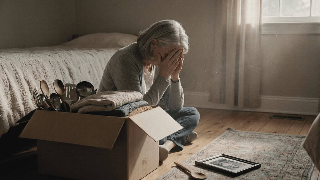 A woman emotional while sitting on the floor