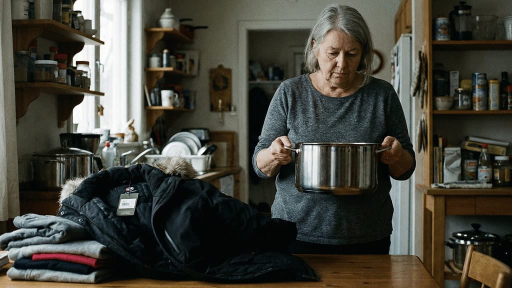 A woman holding a stainless steel pan while standing in the kitchen