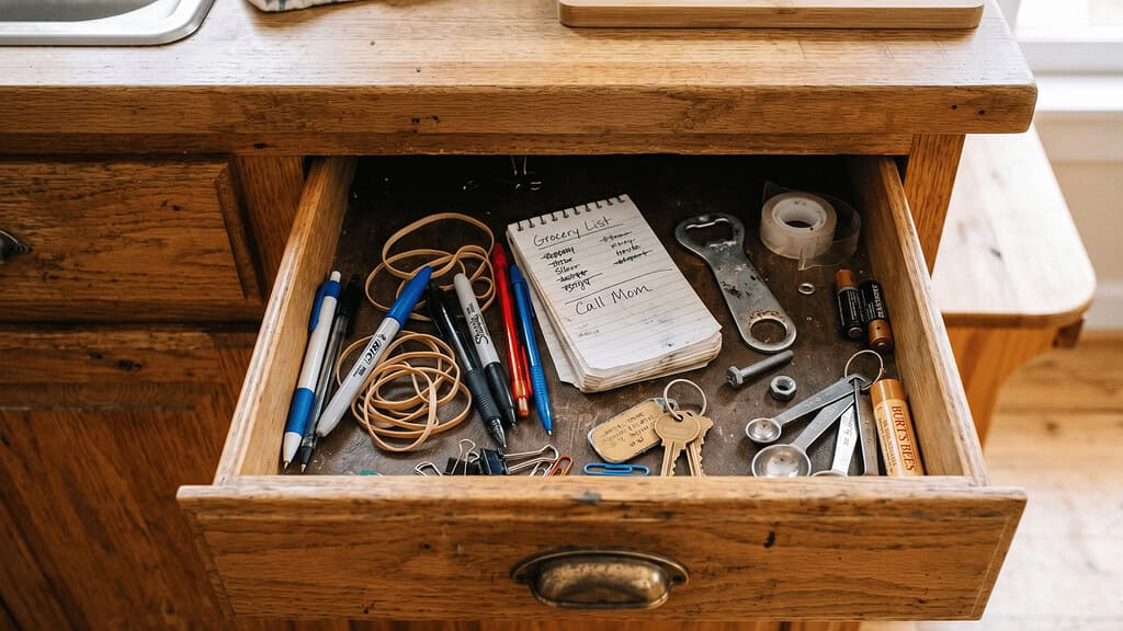 An open junk drawer in a wooden dresser, filled with pens, rubber bands, paper clips, keys, a bottle opener, scissors, a small notepad reading Grocery List and Call Mom, tape, and batteries