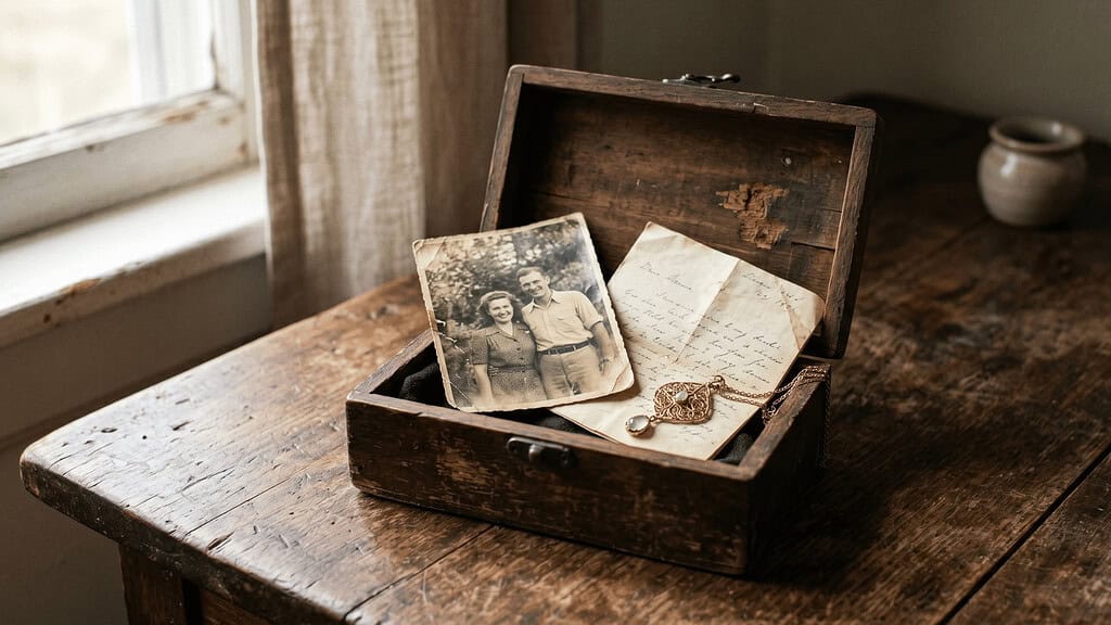An open wooden keepsake box on a rustic table near a window, containing an old black-and-white photograph of a couple, a handwritten letter, and a gold locket on a chain