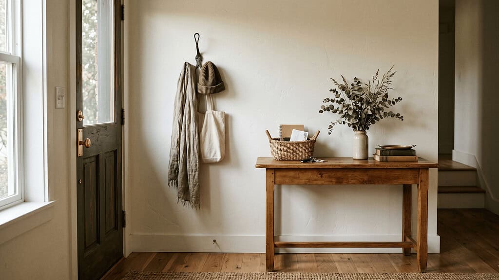 A minimal entryway with a dark green front door, a wall hook holding a linen scarf, a knit hat, and a tote bag, and a wooden console table with a wicker basket, a vase of eucalyptus branches, and stacked books