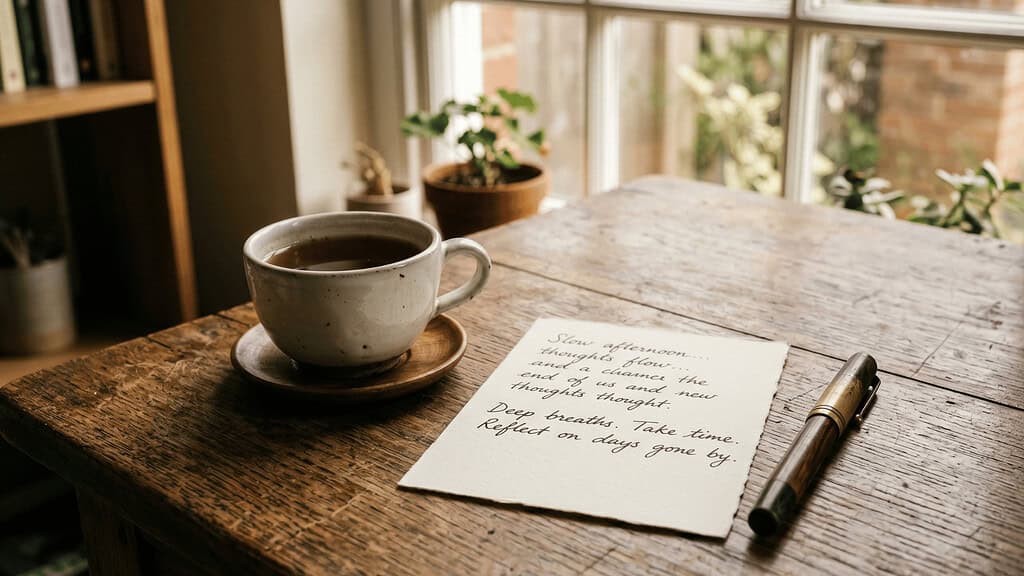 A rustic wooden table near a sunny window with potted plants, a white ceramic cup of tea on a saucer, a handwritten note card with cursive writing, and a fountain pen