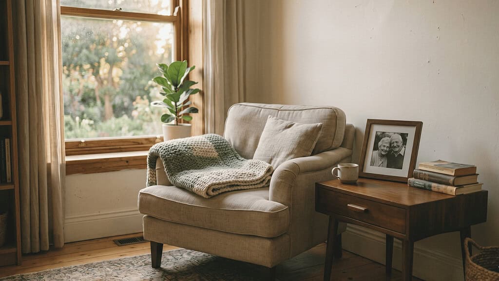 A cozy living room corner with a beige armchair draped with a green knit blanket, a wooden side table holding a white mug and a framed black-and-white photo of an elderly couple, stacked books, and a fiddle-leaf fig plant by a sunny window