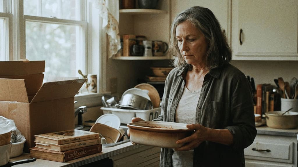 An elderly woman holding a casserole dish while standing in the kitchen