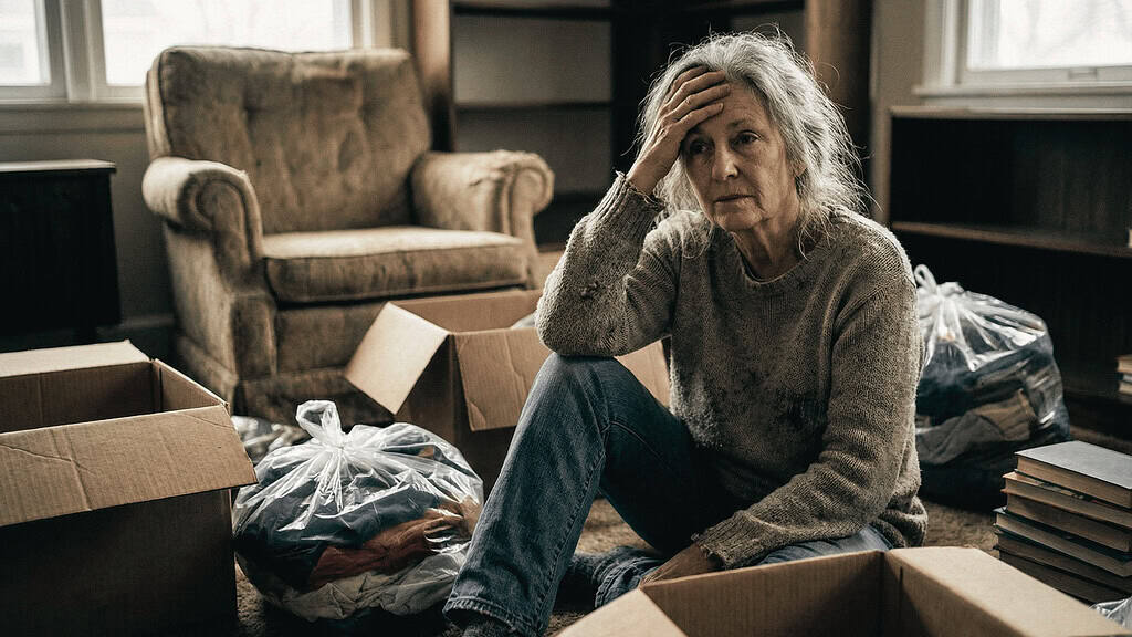An old lady sitting on the floor overwhelmed with all the clutter
