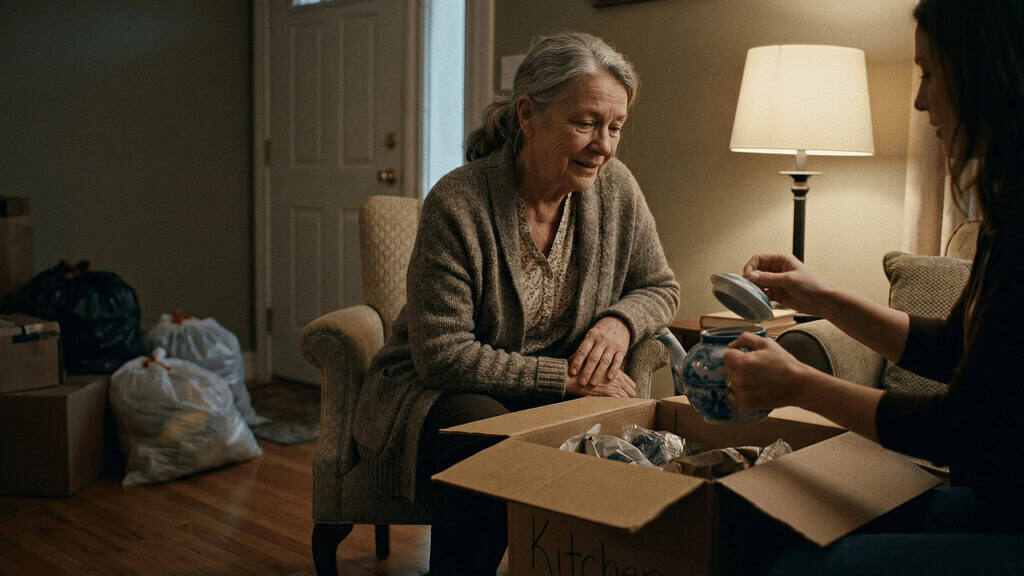 An old woman giving a ceramic pot on a lady while sitting in the sofa