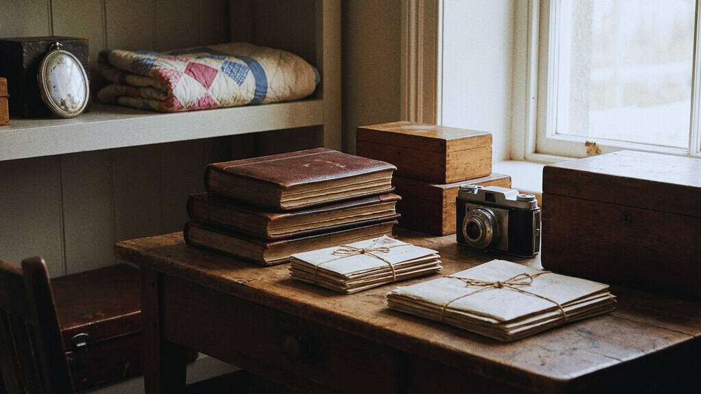 Old books, bundled letters, and a vintage camera on a wooden table with a folded quilt on a shelf above