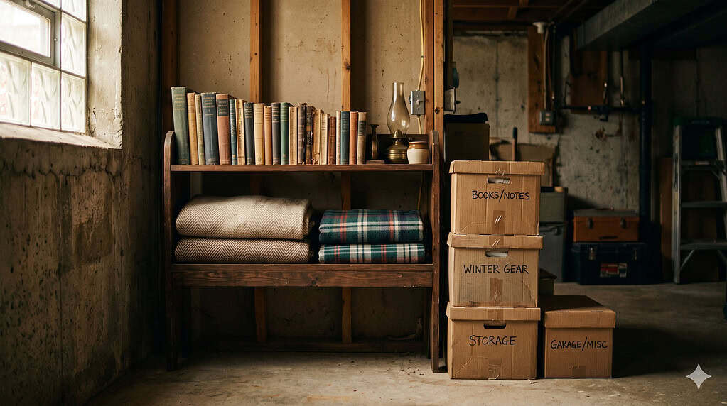 A dimly lit basement storage area with a wooden shelf holding old books and folded blankets, next to stacked cardboard boxes labeled Books/Notes, Winter Gear, Storage, and Garage/Misc