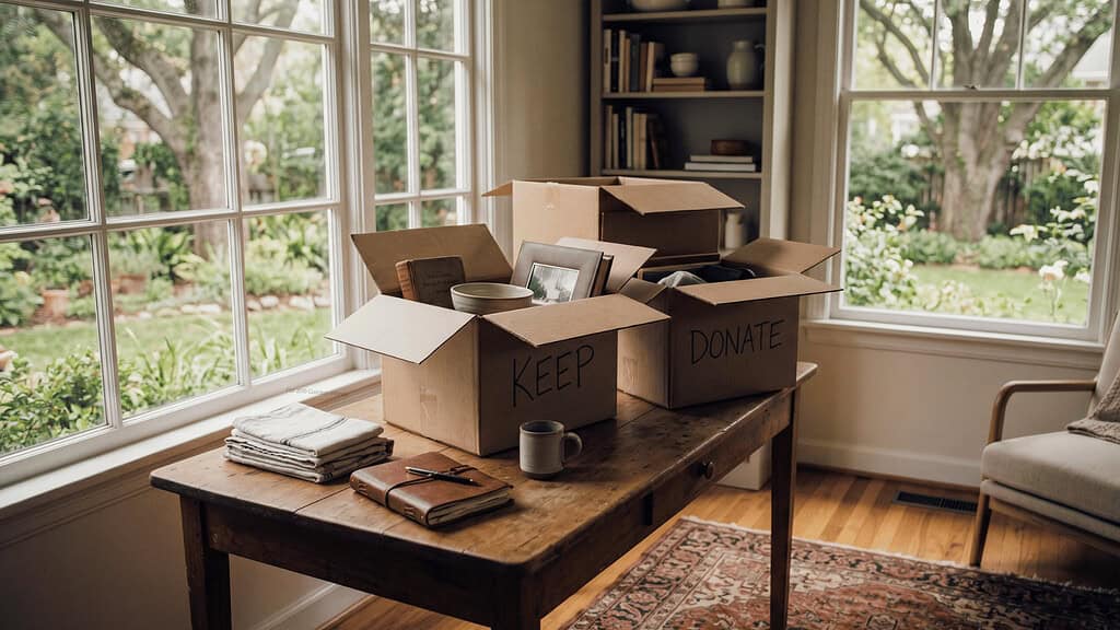 Boxes labeled Keep and Donate on a wooden table with household items being sorted near large sunny windows