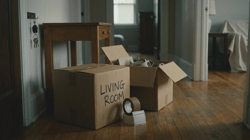 Cardboard moving boxes on a hallway floor with one labeled Living Room, packing tape, and house keys hanging nearby