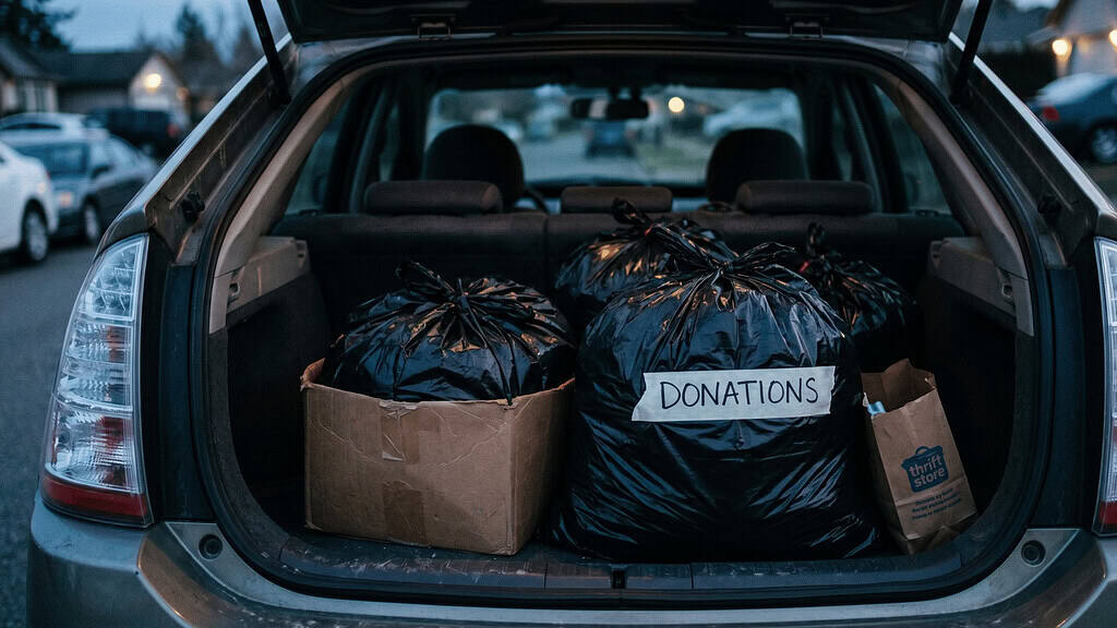 Car trunk filled with black garbage bags and a box labeled Donations ready to be dropped off