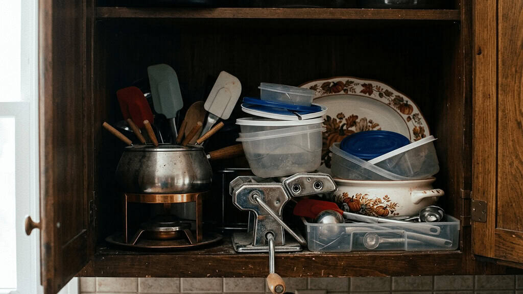 Cluttered kitchen cabinet overflowing with plastic containers, plates, spatulas, pots, and miscellaneous gadgets