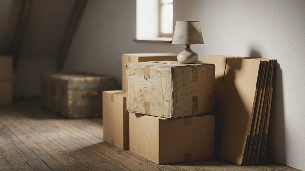 Moving boxes stacked in a sunlit room with a lamp resting on top, ready to be packed for a move