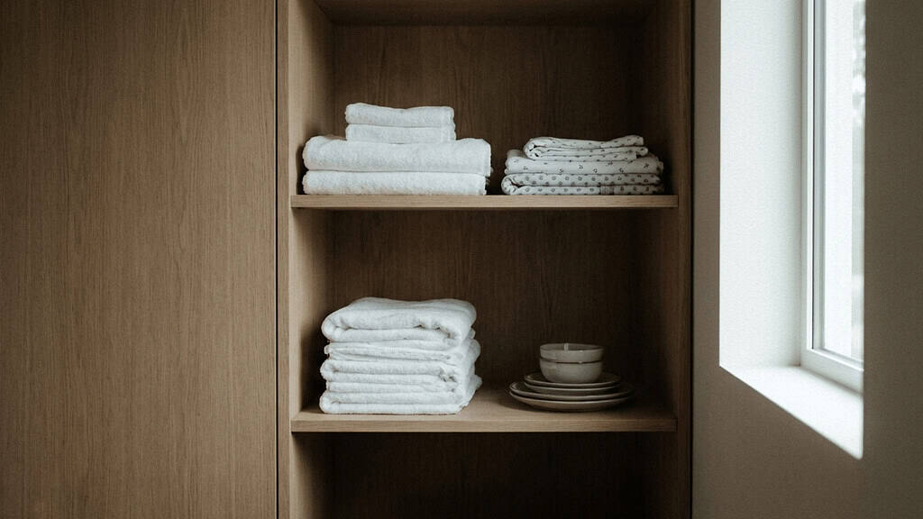 Neatly folded towels, stacked plates, and bowls organized on wooden shelves inside a cabinet