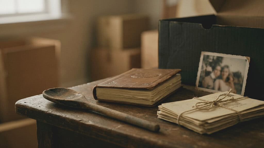 Sentimental keepsakes on a wooden table including an old book, a wooden spoon, bundled letters, and a family photo