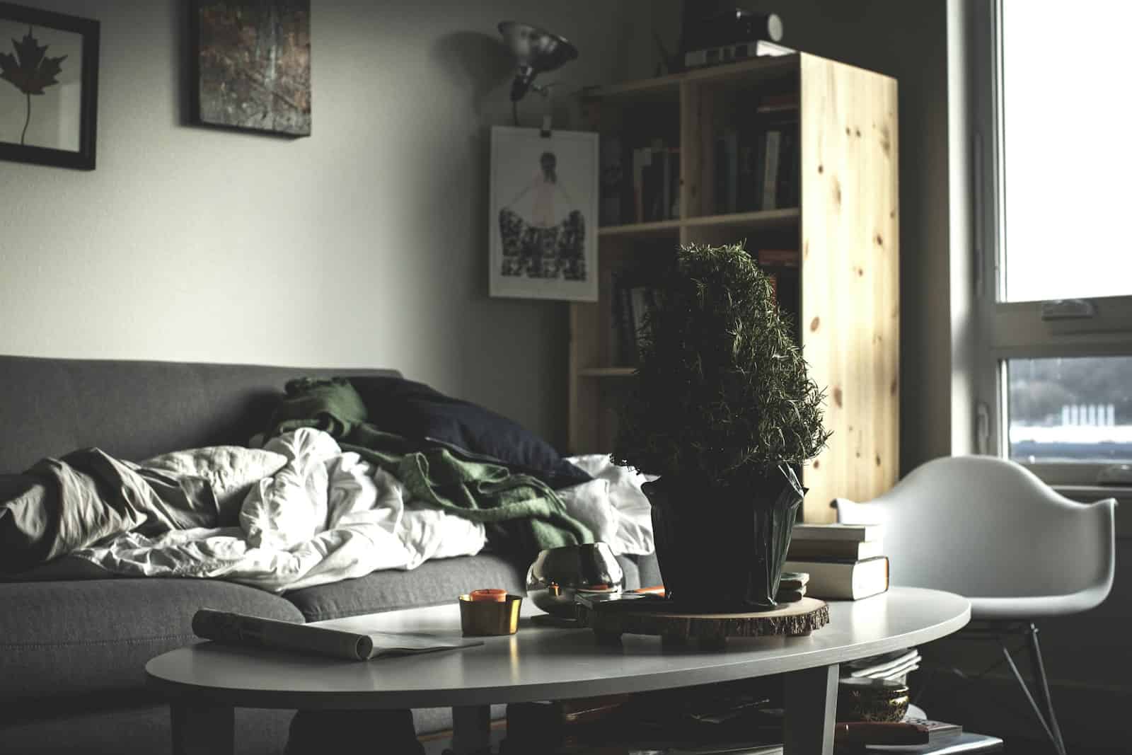A lived-in living room with rumpled blankets and stacked books