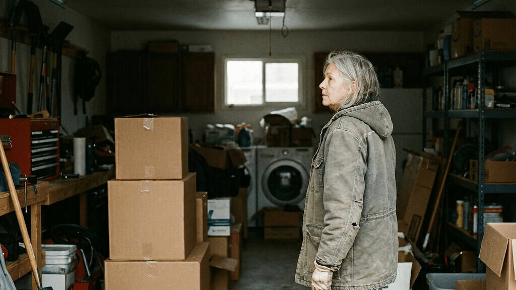 Older woman standing in a cramped garage surrounded by stacked boxes, storage shelves, and clutter blocking the path to the washing machine