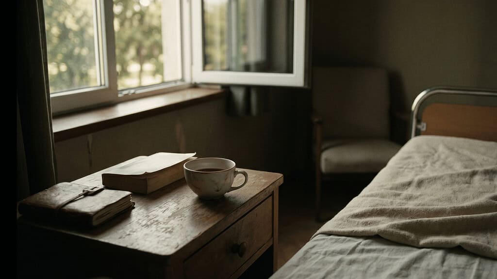 A quiet hospice room with a hospital bed, a wooden nightstand holding an open book and a mug, and a window overlooking trees