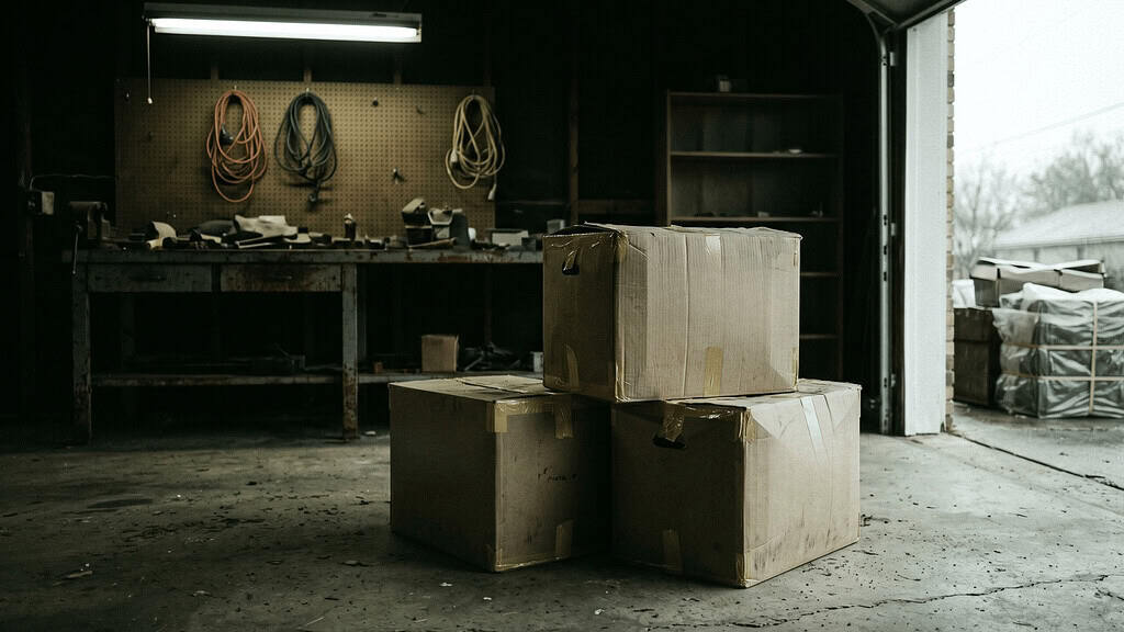 Three old taped-up cardboard moving boxes stacked on a garage floor, with a workbench and tools visible in the background
