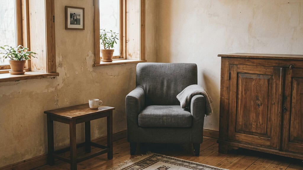 A simply furnished living room with a grey armchair, small side table with a mug, wooden cabinet, and potted plants on sunny windowsills