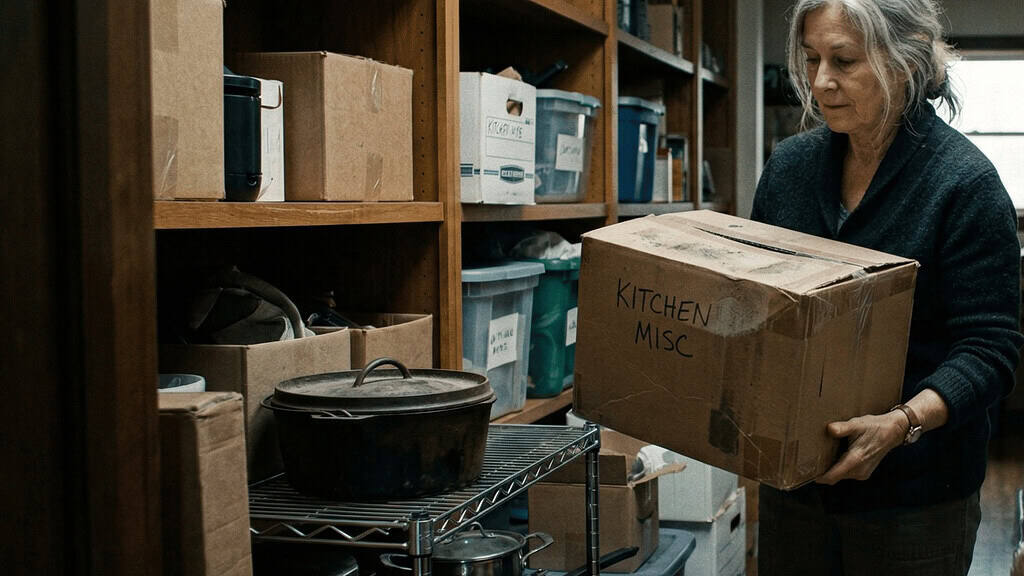 Older woman carrying a heavy box labeled Kitchen Misc from a cluttered storage area with full shelves