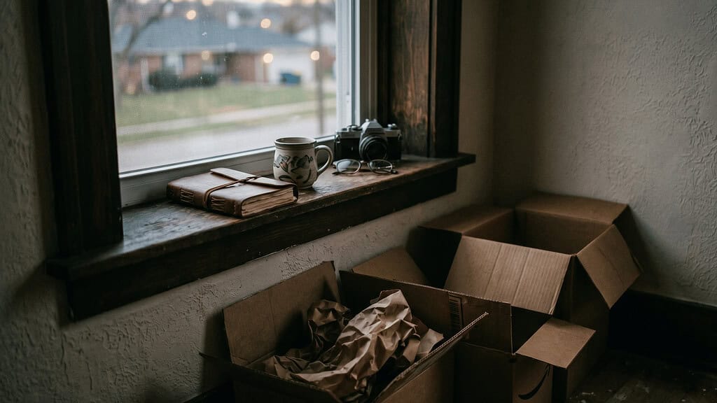 Open cardboard boxes near a window sill holding a leather journal, ceramic mug, eyeglasses, and a film camera during a decluttering session