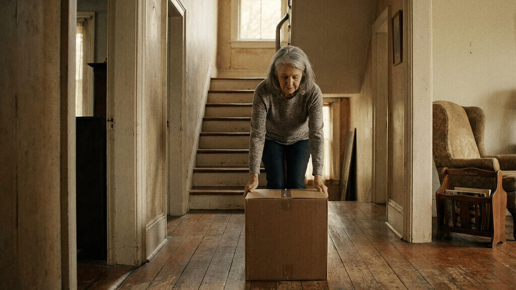 Older woman bending down to move a box out of a narrow hallway near the stairs to clear a safe walking path