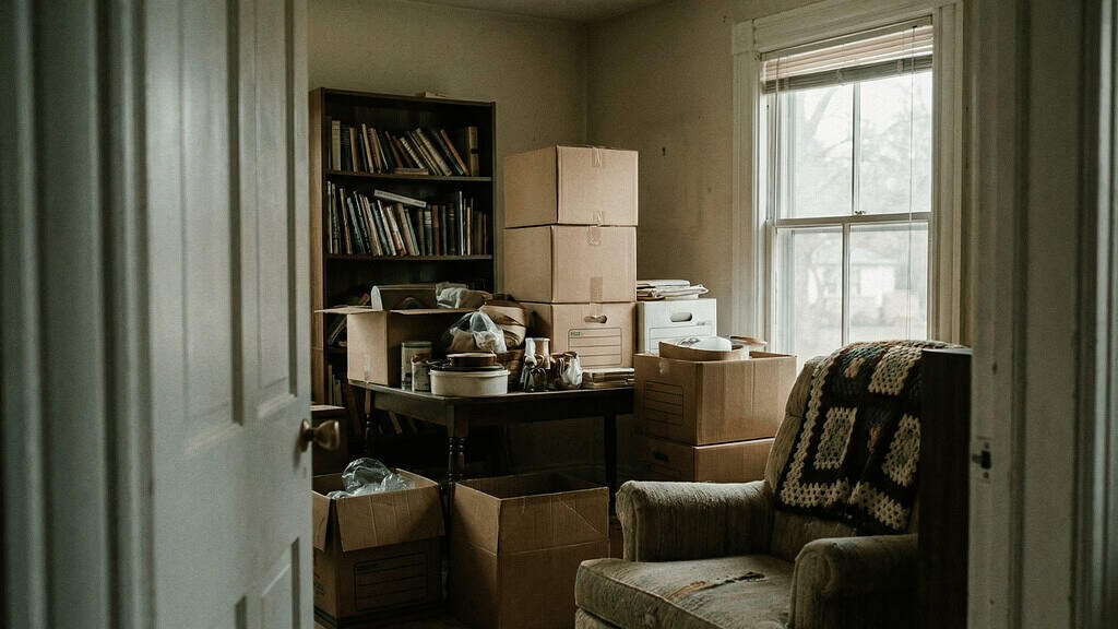 Cluttered room with boxes, a bookshelf overflowing with items, and furniture crowded together near a window