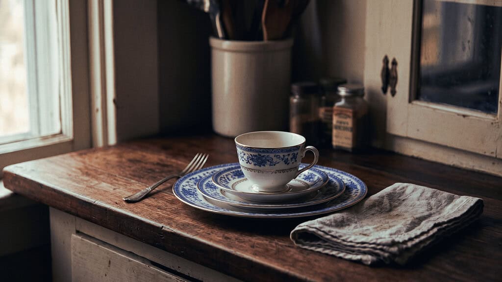 A delicate blue-and-white china teacup and saucer stacked on a matching plate with a fork and linen napkin on a rustic wooden surface