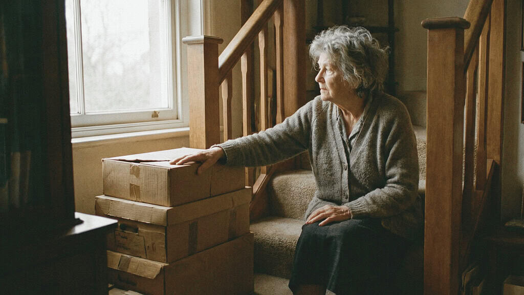 Older woman sitting on a staircase landing next to stacked boxes, looking out the window with a reflective expression
