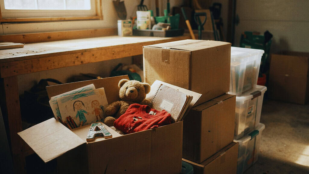 Boxes of children's keepsakes and old school projects stored in a garage