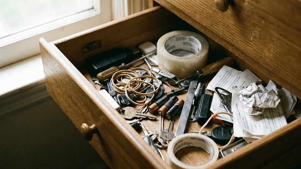 Messy kitchen counter with a pile of mail showing the overwhelm of not knowing where to start decluttering
