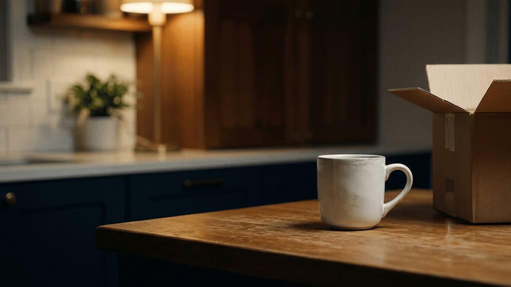 A white ceramic mug next to an open cardboard donation box on a wooden kitchen counter, with dark blue cabinets in the background