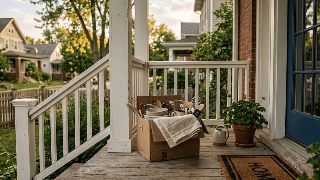 A cardboard box full of miscellaneous household items placed outside a house
