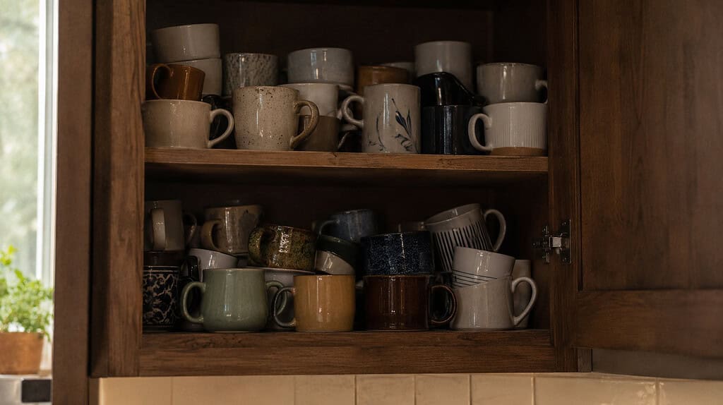 An open wooden kitchen cabinet with two shelves crammed full of a large collection of mismatched coffee mugs in various colors, sizes, and styles including ceramic, stoneware, and decorated mugs