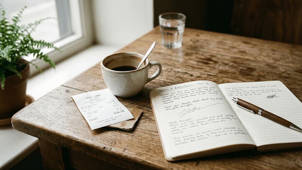 An open journal with handwritten notes, a café receipt, a cup of black coffee with a spoon, and a glass of water on a rustic wooden table, with a potted fern plant in the background