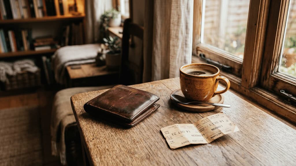 A ceramic coffee mug on a saucer, a worn brown leather wallet, and two London return train tickets resting on a rustic wooden table by a window, with a cozy reading nook with bookshelves visible in the background