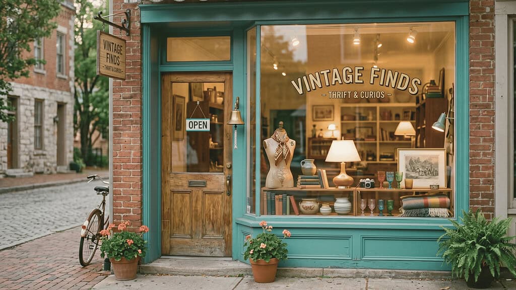 The facade of a local vintage thrift shop with a bicycle parked outside