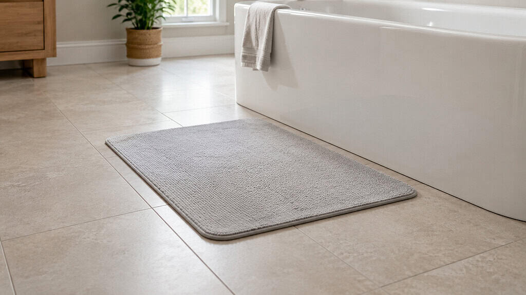 A flat non-slip bath mat beside a bathtub on clean tile flooring in a bright bathroom
