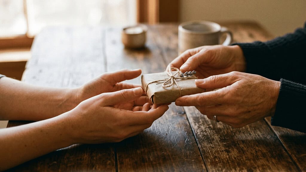 A man handing a wrapped gift to another person