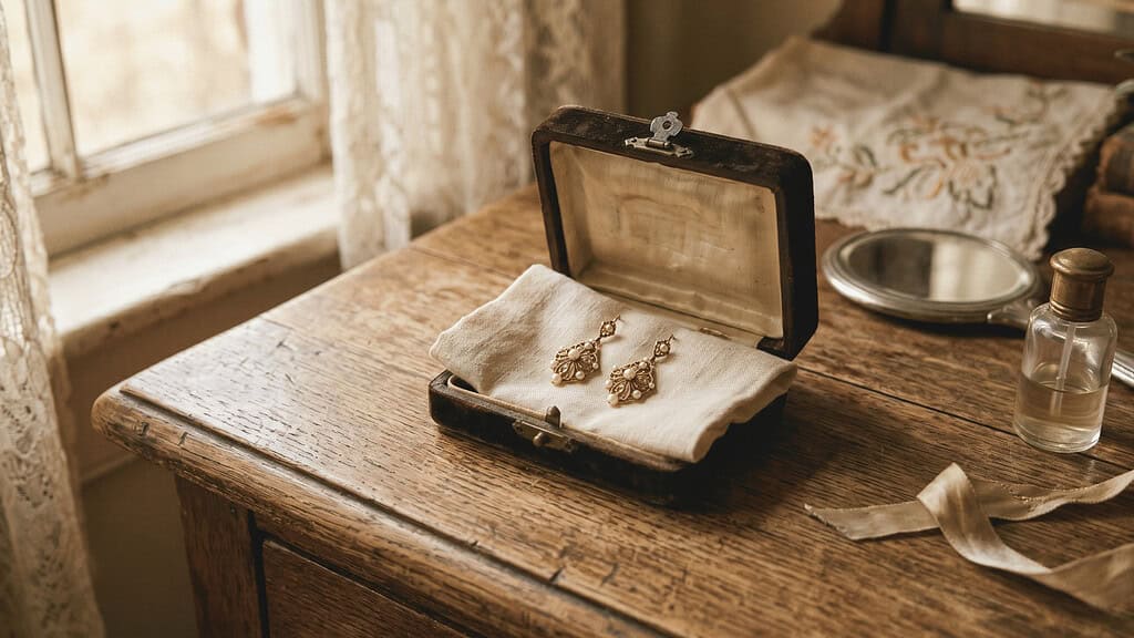 A pair of earrings displayed in a small gift box on a wooden table