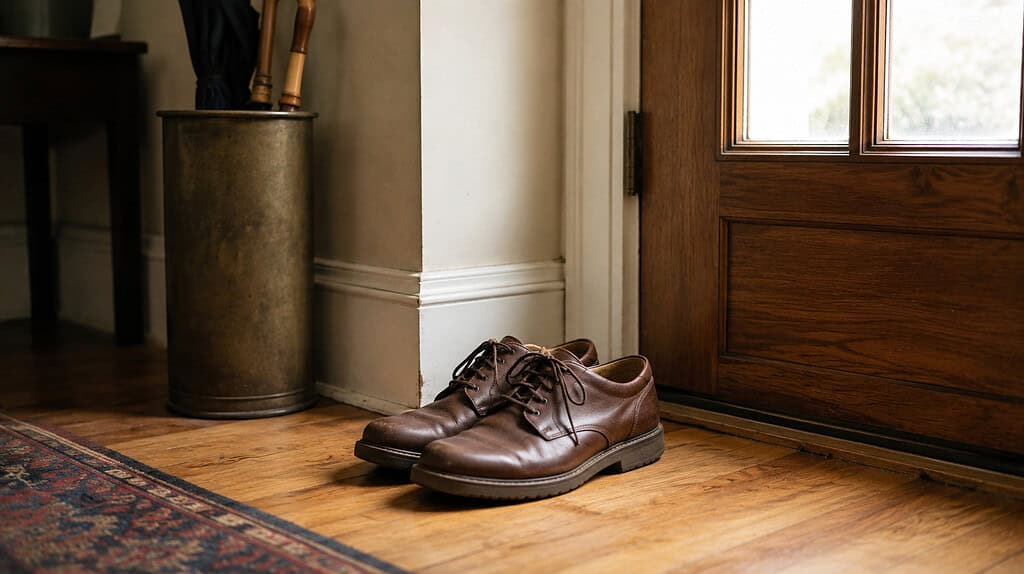 A pair of men's brown leather walking shoes placed neatly side by side on a wooden floor near a front door with a small rug and an umbrella stand