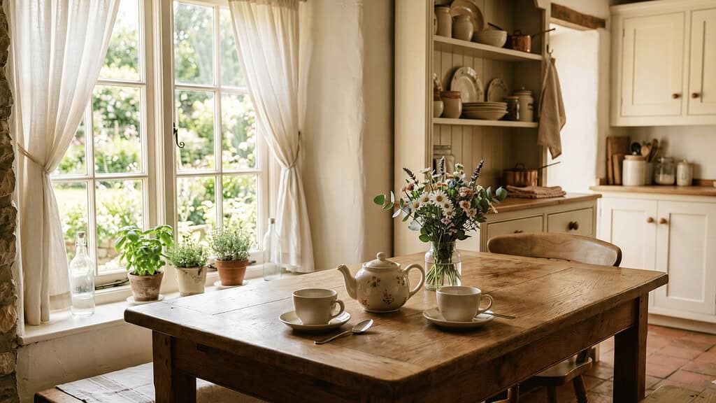 A peaceful kitchen with a wooden table holding a small teapot and two empty teacups on saucers a bouquet of fresh flowers in a vase and morning light through a curtained window
