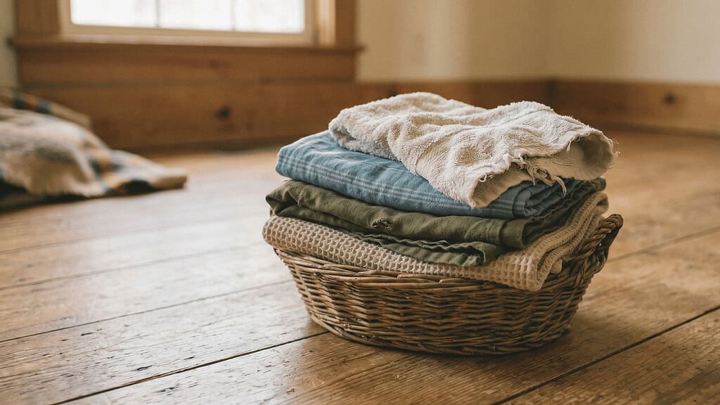 A pile of folded clothes in a wicker basket on wooden flooring