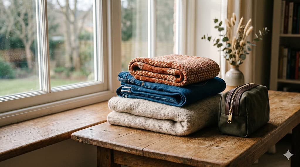 A neatly folded pile of towels next to a small bag on a wooden table