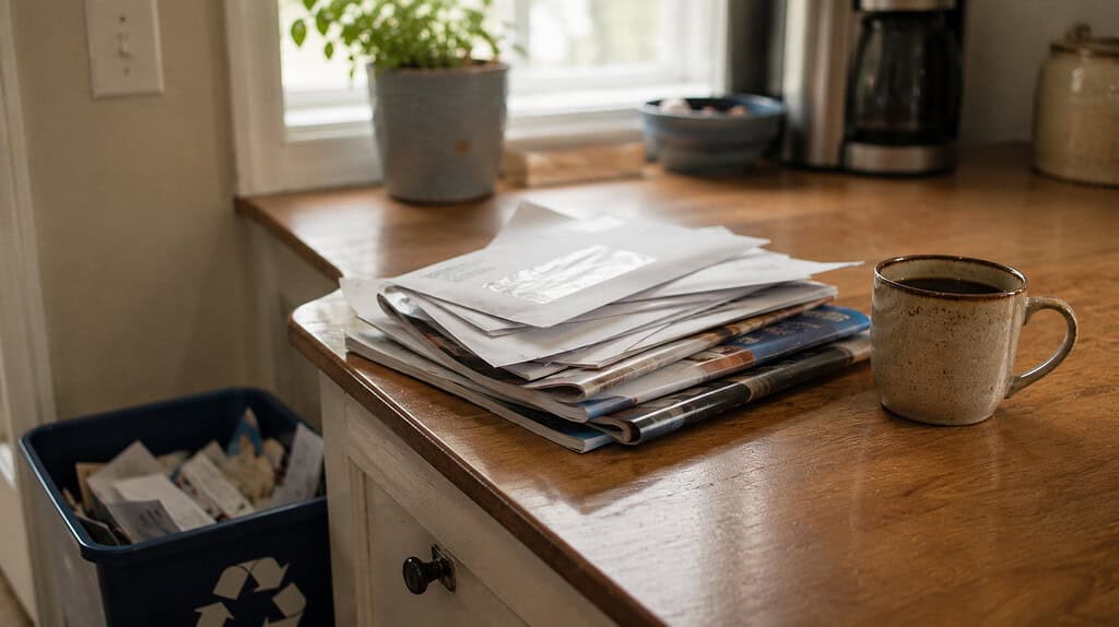 A small wooden kitchen counter with a stack of unopened mail and catalogs a paper recycling bin and a single coffee mug nearby