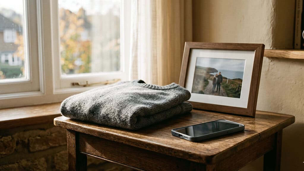 A smartphone on a small wooden table next to a folded man's wool sweater with a framed photograph leaning against the wall in the background