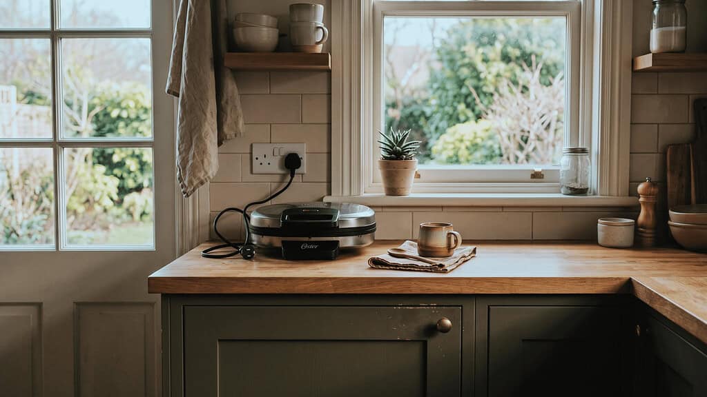 A round Oster waffle iron sitting on a butcher block countertop in a kitchen with dark green cabinets, next to a ceramic coffee mug on a cloth napkin, with open shelves holding bowls and mugs above and a small succulent plant on the windowsill