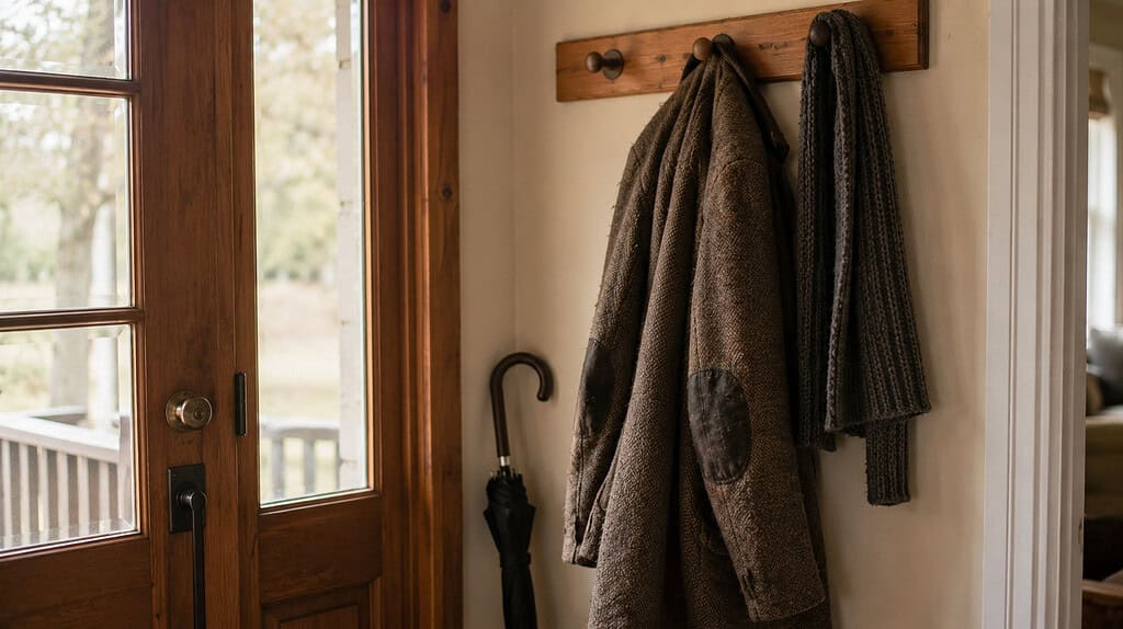 A well-loved wool coat with worn elbows hanging on a wooden hook by an entry door with a knit scarf draped over the same hook and a black umbrella leaning against the wall below